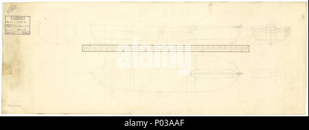 . Anglais : 27ft Gunboat (sans date) Échelle : 1:24. Plan montrant les contours tirant, partiellement profil complet, en partie avec du plan de pont, glisser des armes à feu et l'intérieur de section pour un tirant d'eau 27ft Gunboat (sans date). profil 22 27ft Gunboat (sans date) RMG J0066 Banque D'Images