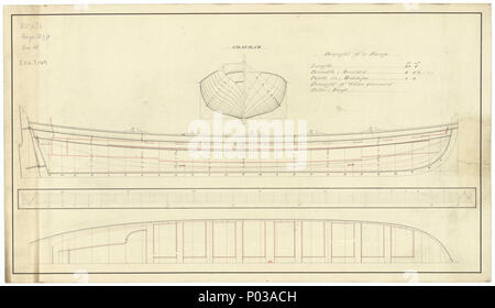 . Anglais : 32 ft Barge Échelle : 1:24. Plan montrant le corps plan, transparente avec des lignes de détail intérieur, et la demi-plan de pont pour un 32 ft Barge. lignes 22 32 ft Barge RMG J0931 Banque D'Images