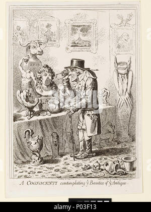 . Anglais : UN Cognocenti contemplant ye Beautés de ye Antique (caricature) Print 'UNE Cognocenti contemplant ye Beautés de ye Antique (caricature)'. Un complexe et extrêmement a fait la satire de Sir William Hamilton et son épouse Emma's célèbre relation avec Nelson. L'adoption de l'apparence comique établis de longue date, de l'iconographie du vieil homme trompé par une jeune femme, elle représente Hamilton comme le grand antiquaire classique et l'examen de son étrange et bigarrée collection d'objets, mais aveugles à leur véritable signification : il envisage même eux la mauvaise voie à travers ses lunettes. Everywhe Banque D'Images