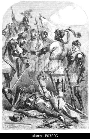 La bataille de Poitiers a eu lieu le 19 septembre 1356 à Nouaillé, près de la ville de Poitiers en Aquitaine, dans l'ouest de la France. Une armée, dont de nombreux anciens combattants de Crécy, dirigé par le Prince Noir, défait une plus grande armée Françaises et alliées menées par le roi Jean II de France, menant à la capture du roi, son fils, et une grande partie de la noblesse française. C'était la deuxième grande victoire anglaise de la belle phase de la guerre de Cent Ans. Poitiers a eu lieu dix ans après la bataille de Crécy (la première grande victoire), et environ un demi-siècle avant la troisième, la bataille d'Azincourt (1415). Banque D'Images