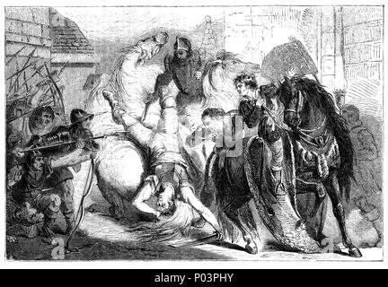 Walter 'Wat' Tyler (mort le 15 juin 1381) était un chef de la Révolte des paysans 1381 en Angleterre qui se sont opposés à l'impôt et la demande de réformes économiques et sociales. Après une rencontre avec le roi Richard II, Sir John Newton insulté Tyler. Un argument violent a éclaté avec Newton et William Walworth, lord-maire de Londres. Gravement blessé, Tyler a réussi à monter une trentaine de mètres avant qu'il tomba de son cheval. Dans le désordre qui a suivi, il a été conduit à un hôpital pour les pauvres, mais a été suivi par le maire, ramené à Smithfield, et publiquement décapités. Banque D'Images