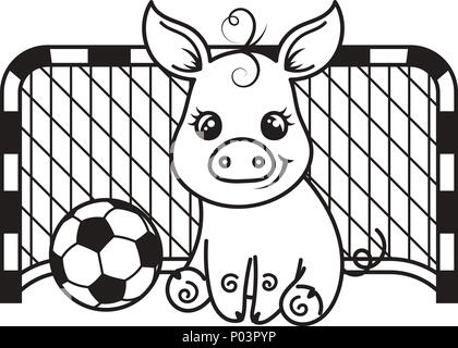 Cute cartoon pig avec un ballon de football. Vector illustration. Coloriage Illustration de Vecteur