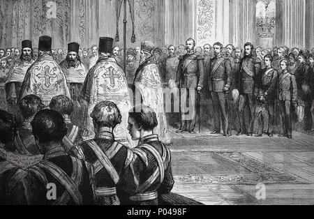 La fin le tsar Alexandre II, Te Deum dans la chapelle impériale après l'échec de l'attempf à faire exploser le palais d'hiver à Saint-Pétersbourg, février, 17, 1880. Alexandre II, Alexandre II Nikolaïevitch, 1818 - 1881, a été l'empereur de Russie à partir du 2 mars 1855 jusqu'à son assassinat le 13 mars 1881, l'amélioration numérique reproduction d'une estampe originale de l'année 1881 Banque D'Images