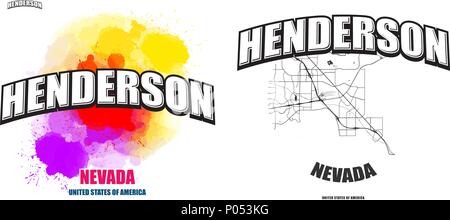 Henderson, Nevada, logo design. Deux en un avec le logo vector art. grandes lettres vintage avec une belle couleur de fond et une couleur-version avec carte pour Illustration de Vecteur