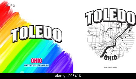 Toledo, Ohio, logo design. Deux en un avec le logo vector art. grandes lettres vintage avec une belle couleur de fond et une couleur-version avec pour chaque carte Illustration de Vecteur