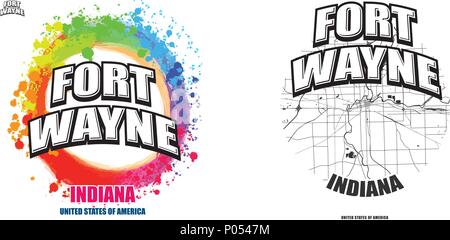 Fort Wayne (Indiana), la conception de logo. Deux en un avec le logo vector art. grandes lettres vintage avec une belle couleur de fond et une couleur-version avec la carte fo Illustration de Vecteur