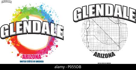 Glendale, Arizona, logo design. Deux en un avec le logo vector art. grandes lettres vintage avec une belle couleur de fond et une couleur-version avec carte pour Illustration de Vecteur