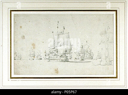 . Anglais : un navire néerlandais avant que le vent avec un galjoot une dérive à tribord bow view d'un deux-néerlandais decker avant que le vent sous l'avant course et huniers, avec d'autres navires dans la distance. Esquissé légèrement à l'avant-plan, un quart tribord vue d'un galjoot brailed avec son voile et sa pendaison topsail lâche. Ce travail fait partie d'un groupe de neuf dessins (PAD0704, PAD0705, PAD0706, PAF, PAF67776778, PAF, PAF67796780, PAF, PAF67816782) qui, par l'objet et le filigrane, probablement liés à De Ruyter's voyage à Bergen à l'automne 1665. Un navire néerlandais avant que le vent avec un galjoot drifti Banque D'Images