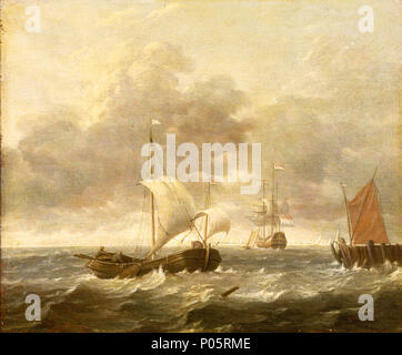 . Anglais : UN Rose Pêche passé en courant une jetée sur la gauche, au premier plan, un voile rose-tribord dans bow view. Une rose était un petit bateau de pêche hollandais montés avec une grand-voile carrée et parfois avec un petit mât de misaine sur une plus petite aux yeux de la voile, comme dans cette image. Il y a deux hommes dans le rose, l'une à l'arrière avec sa main sur le timon et l'autre penché au-dessus de l'archet. Le leeboard tribord du navire est également visible. Ils ont été montés sur les navires hollandais traditionnel pour réduire les marges. À droite est un trois-mâts navire battant pavillon néerlandais. Sur la droite, le rouge Banque D'Images