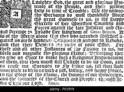 . Anglais : Fleuron du livre : Une forme d'action de grâce, d'être utilisé tout au long de les villes de Londres et de Westminster, et ailleurs dans les factures de la mortalité, le dimanche le 18e jour de cet instant d'avril ; et dans tous les autres endroits, tout au long de l'Angleterre et au Pays de Galles, et de la Ville de Berwick upon Tweed, le dimanche le neuvième jour de mai prochain, qui a suivi immédiatement après l'action de grâce, à la fois à la prière du matin et du soir. Par Ses Majestés especial commande. 99 Une forme d'action de grâces Fleuron T080031-1 Banque D'Images
