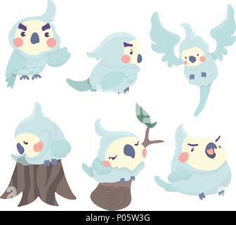 Cartoon perroquets perroquets et oiseaux animal sauvage isolé sur fond blanc. Illustration de Vecteur