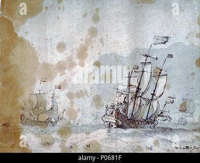. Anglais : un navire amiral hollandais avec un vent de fraîcheur à la composition d'un dessin montrant un navire néerlandais avec le vent sur bâbord et un drapeau à la main. Dans le milieu gauche distance est un autre navire gisant mort devant le vent. Le dessin est signé à l'encre gris : 'W V Velde Jonge' et est peut-être une copie contemporaine, ou même plus tard une imitation d'une œuvre de Willem Van de Velde, le plus jeune. Un navire amiral hollandais avec un vent de fraîcheur . vers 1665. Van de Velde ?, Willem, le jeune (97) L'artiste néerlandais un faisceau phare avec un vent frais RMG PV5228 Banque D'Images