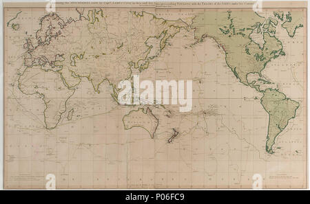 . Anglais : un tableau général présentant les découvertes faites par le capitaine James Cook dans le présent et ses deux voyages précédents avec les pistes des navires sous son commandement. Par le Lieutenant Roberts, de sa Majesté du chef de la Marine canadienne. Échelle : vers 1:38m. Carte du monde, de couleur. Explication de la couleur et des itinéraires. Voyage de Cook Graphique . 1785. Lieutenant Henry Roberts 105 un tableau général présentant les découvertes faites par le capitaine James Cook dans le présent et ses deux voyages précédents avec les pistes des navires sous son commandement. Par le Lieutenant Roberts, de sa Majesté du chef de la Marine canadienne. RMG F2434 Banque D'Images