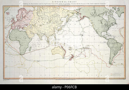 . Anglais : un tableau général présentant les découvertes faites par le capitaine James Cook dans le présent et ses deux voyages précédents avec les pistes des navires sous son commandement. Par le Lieutenant Roberts, de sa Majesté du chef de la Marine canadienne. Échelle : vers 1:38m. Carte du monde, de couleur. Explication de la couleur et des itinéraires. Tableau des trois voyages de Cook par Henry Roberts, 1785 . 1785. Lieutenant Henry Roberts 105 un tableau général présentant les découvertes faites par le capitaine James Cook dans le présent et ses deux voyages précédents avec les pistes des navires sous son commandement. Par le Lieutenant Roberts, de sa Majesté du chef de la Marine canadienne. RMG D4761 Banque D'Images