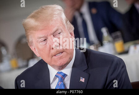 Le Canada, La Malbaie, 09 juin 2018, le président américain Donald Trump assiste à un déjeuner avec les dirigeants du G7 et les membres de la Conseil consultatif sur l'égalité des sexes. Les deux jours du sommet du G7 se termine par des réunions concernant les soi-disant pays. Photo : Michael Kappeler/dpa dpa : Crédit photo alliance/Alamy Live News Banque D'Images