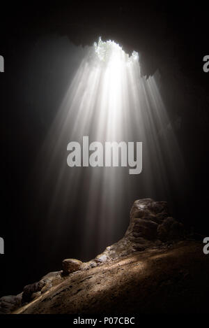 Lumière depuis le sommet de la grotte de Jomblang sur l'île de Java, en Indonésie Banque D'Images