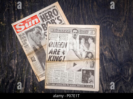 Quotidien britannique The Sun de rapports sur l'événement de bienfaisance de la musique live, Live Aid organisé au stade de Wembley à Londres, le 13 juillet 1985 par Sir Bob Geldof Banque D'Images