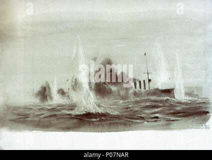 . Anglais : un croiseur allemand en action, probablement à la bataille des îles Falkland, 8 décembre 1914 Le seul trois ou quatre navires d'entonnoir avec une plate-forme sur un mât de misaine qui était juste en dessous de la hauteur du sommet d'entonnoir croiseurs légers allemands étaient des 'Königsberg' et 'Dresden' classes. La seule action à laquelle les navires de ces classes, avec d'autres navires allemands, ont été engagés (c.-à-d'un seul navire pas actions) a été la bataille des Malouines, le 8 décembre 1914, dans laquelle le "Nürnberg' (1906) a été coulé et la 'Dresden' (1907) s'est échappé. Bien que ce schéma apparaît pour indiquer la lumière cruise Banque D'Images