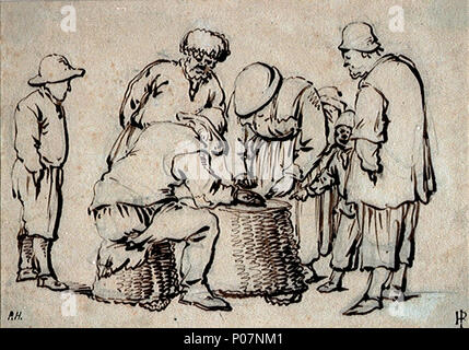 . Anglais : un groupe de six personnes de pêche figure Cette étude montre quatre hommes, une femme et un garçon autour d'un panier de tournée vers la négociation d'un accord. Un homme assis sur un plus petit panier est à l'aide du plus grand panier comme une table à compter de l'argent avec une femme sur le côté opposé, qui est accompagné d'un garçon. Les autres hommes sont à proximité. La ressemblance stylistique du dessin non signé à dessins de sujets semblables à partir de la Collection de Milford, maintenant à l'PCHRM, suggérer une attribution provisoire à Willem van de Velde, l'ancien, et une date d'environ 1655. Un groupe de six personnes de pêche . vers 1655. Willem van de ve Banque D'Images