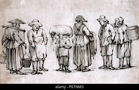 . Anglais : un groupe de six personnes de pêche figure Cette étude montre les hommes et les femmes dans diverses poses et portant la tenue d'une variété de paniers, chapes et sacs. La ressemblance stylistique du dessin non signé à dessins de sujets semblables à partir de la Collection de Milford, maintenant à l'PCHRM, suggérer une attribution provisoire à Willem van de Velde, l'ancien, et une date d'environ 1655, quand l'artiste a été particulièrement occupé avec « grisailles », dans laquelle il présente des groupes de personnes au premier plan. Un groupe de six personnes de pêche . vers 1655. Willem Van de Velde, l'Aîné 111 Un groupe de six personnes de pêche RMG Banque D'Images
