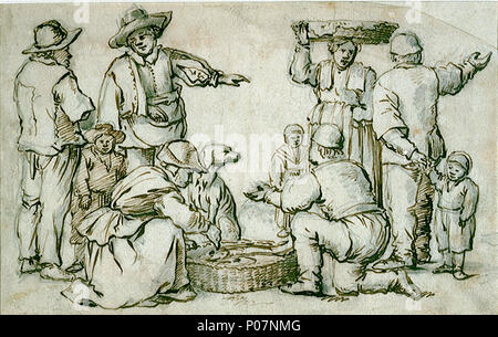 . Anglais : un groupe de six personnes de pêche avec trois enfants dans cette étude, au centre avant-plan, un homme et une femme sont à genoux par un panier de poissons ; un chien assis au-delà. Trois hommes sont debout, une femme avec un panier de poissons sur la tête, deux garçons et une fille. Tous les chiffres sont impliqués dans une conversation animée. Le dessin non signé a été attribué à Willem van de Velde, l'aîné, et datée de 1655, lorsque l'artiste a été particulièrement occupé avec « grisailles », dans laquelle il présente des groupes de personnes au premier plan. Un groupe de six personnes de pêche avec trois enfants . circa 1655. S Banque D'Images