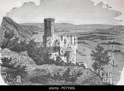 Château de Stolzenfels, Schloss Stolzenfels, ancienne forteresse médiévale château transformé en palais, près de Coblence sur la rive gauche du Rhin, dans l'état de Rhénanie-Palatinat, Allemagne. SchloÃŸ am Rhein Stolzenfels numérique, l'amélioration de la reproduction de l'original d'imprimer à partir de l'année 1881 Banque D'Images