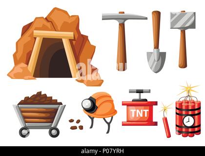 L'icône de l'industrie minière. Cartoon entrée de la mine, et des outils pour l'exploitation des mines et des carrières. Retro tunnel. Ancienne mine. Télévision vector illustration isolated on white background Illustration de Vecteur