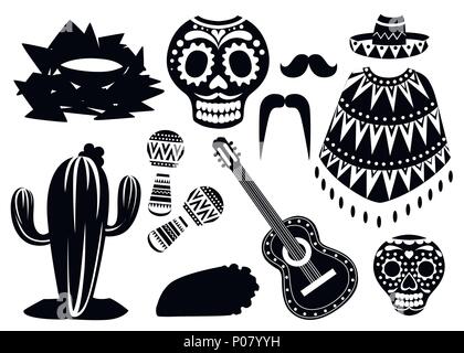 Le Mexique des symboles en noir et blanc. Vector icons set mexicain. L'appartenance ethnique traditionnelle des symboles. Cartoon style design. Vector illustration isolé sur w Illustration de Vecteur