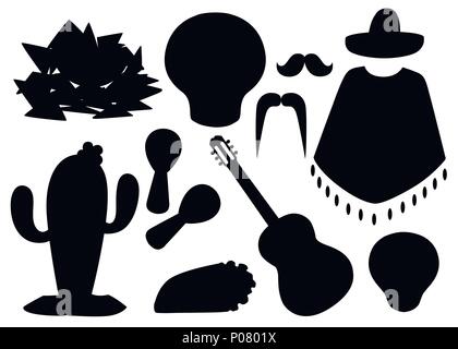 Silhouette noire. Le Mexique des symboles. Vector icons set mexicain. L'appartenance ethnique traditionnelle des symboles. Cartoon style design. Vector illustration isolé sur Illustration de Vecteur