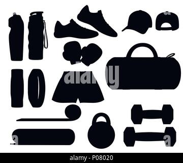 Silhouette noire. Ensemble d'accessoires de sport et des vêtements. Des icônes pour les classes dans la salle de sport. Vector illustration isolé sur fond blanc. Illustration de Vecteur