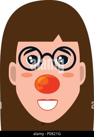 Cartoon femme heureuse avec des lunettes et nez de clown icône sur fond blanc, vector illustration Illustration de Vecteur