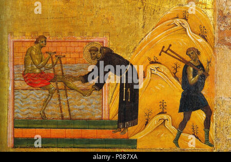 . Détail . Saint Francisc et six histoires de sa vie . Entre 1250 et 1260 22 3Giunta Pisano. Saint Francisc et six histoires de sa vie. Détail. Ca. 1250-60. Museo San Matteo, Pise Banque D'Images