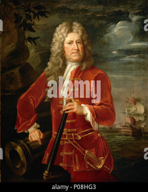 . L'amiral anglais : Nicholas l'Aiglefin, c. 1685-1746 UNE longueur trois-quarts face portrait légèrement à gauche dans un manteau de velours rouge brodé d'or avec les trous de bouton et bordures à l'épée de la courroie. Il porte une perruque et campagne juste ses vêtements semblent assez vieux pour la date. Sa main droite repose sur une arme à feu, museau et il est titulaire d'un télescope à sa gauche. Dans l'arrière-plan droit est un trois-decker portant son drapeau en tant que contre-amiral de la rouge. L'aiglefin est distingué au début de sa carrière dans la marine, à la bataille de la baie de Vigo en 1702. En 1707, il est promu capitaine et tout en commandant la "Grafton" Banque D'Images