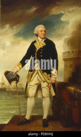 . Anglais : l'amiral Sir Francis Geary, 1709/10-1796 Un portrait en pied à droite portant un officier général, uniforme, 1767-83, une cravate perruque et tenant son chapeau et canne dans sa main droite. Il y a un pentimento qui indique la hat a été initialement sur sa tête et la photo a été exposée à la Royal Academy en 1782. Sous-amiral Hawke en 1759, Geary a eu le malheur de rater la baie de Quiberon action qui Novembre. En mai 1780 il a réussi à le commandement de la Channel fleet sur la mort de Sir Charles Hardy, au cours d'une période critique de l'invasion française menacée, mais force est Banque D'Images