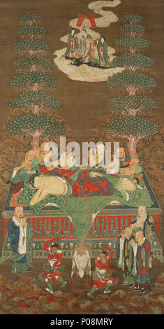 . Anglais : Nirvana peinture de Riku Shinchu, Nara National Museum, Japon 日本語 : 絹本著色仏涅槃図 . C13. Riku Shinch ?  ? ? ? 6 Butsu nehan zu (Nara National Museum) Banque D'Images