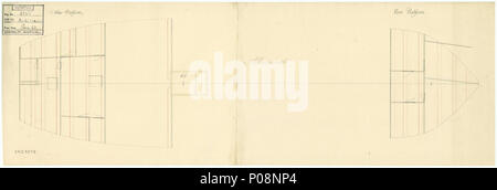 . Anglais : Albermarle (1781) - ex Menagere français ? (1776) Échelle 1:48. Plan montrant l'avant et l'arrière plan des plates-formes pour l'Albermarle (1781), une frégate française, avant d'être monté comme un 28-gun, sixième Frégate Taux. ALBEMARLE 273 1779 Albermarle (1781) - ex French Menagere (1776) RMG J6403 Banque D'Images