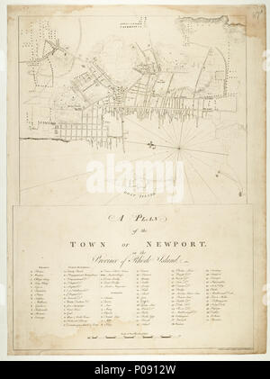 . Anglais : un plan de la ville de Newport dans la province de Rhode IslandSingle fiche technique. Gravé. Échelle : ca. 1:6 000 (bar). Note : cartographique nord à 278 degrés. 6° ouest Variation illustré. Ungraduated Échelle en pieds. Table des matières Remarque : Il y a un clé pour les quais, les bâtiments publics et les rues. Mentions légales 24 Avril 1776. Imprimé sur papier 8888. Numéro de page '4' à la main au verso. 87Un HNS un plan de la ville de Newport dans la province de Rhode Island . 1776. Charles Blaskowitz ; Des Barres ; Joseph Frederick Wallet Des Barres 171 Un plan de la ville de Newport dans la province de Rhode est Banque D'Images