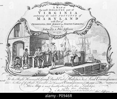 . Anglais : une carte des plus partie habitée de Virginie contenant la totalité de la Province du Maryland avec partie de Pensilvania, New Jersey et la Caroline du Nord dessiné par Joshua Fry et Peter Jefferson dans 1775part carte en couleur sur deux feuilles. Échelle : [ca.1:500 000 (lat). Note : cartographique méridiens de Londres, Philadelphie et d'entrée d'Curratuck. Table des matières Note : Cartouche illustrant le commerce du tabac. Les deux feuilles ne sont pas d'accord en longitude, une peut-être une impression ultérieure. Tableau des distances entre les lieux de Dalrymple's journal. Références à la cartographie de certaines régions par le texte suivant : William Churton ; Danie Banque D'Images