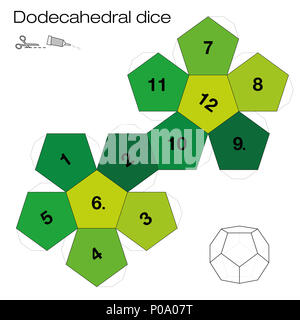 Dodecahedron, modèle dés dodécaédrique - l'un des cinq solides de Platon - faire un point 3d avec douze côtés du filet et jouent aux dés. Banque D'Images