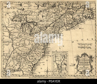 . Anglais : l'échelle ca. 1:3 200 000. Relief illustré de représentations imagées. 'Longit. à l'ouest de Londres.' 'gravé pour l'histoire de la guerre dans le registre annuel, et d'être placé à la fin du volume pour 1763." inclut l'encart. Cartes de LC En Amérique du Nord, 1750-1789, 103 accessible également sur le site Web de la Bibliothèque du Congrès comme une image raster. Vault AACR2 . Une nouvelle carte des possessions britanniques en Amérique du Nord ; avec les limites des gouvernements qui y sont annexés par le traité de paix, en retard et réglé par la Proclamation, le 7 octobre 1763.. 1763. Kitchin, Thomas 154 une nouvelle carte des possessions britanniques en Amérique du Banque D'Images