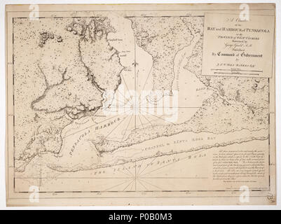 . Anglais : un graphique de la baie et le port de Pensacola dans la province de l'ouest de la Floride sondés par George Gauld A.M.feuille simple. Gravé. Échelle : ca. 1:65 000 (bar). Note : cartographique montre une variation de 4 degrés 30' E. a obtenu son diplôme. Bar Balance en statut et milles marins. Table des matières Note : Les instructions nautiques, en bas à droite, inclure une note sur l'abondance d'expédier vers. Mentions légales 1er août 1780. Les parcelles d'établissement indiqué. Imprimé sur papier 8888. 173A HNS un graphique de la baie et le port de Pensacola dans la province de l'ouest de la Floride sondés par George Gauld H . 1780. Des Barres ; Gauld, George ; Josep Banque D'Images