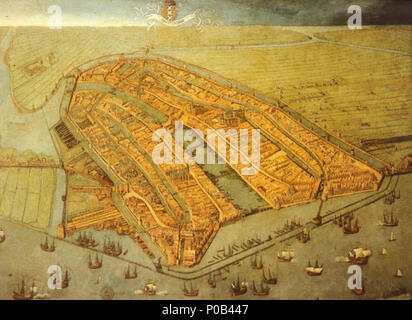 . La plus ancienne carte de Amsterdam, montrant la ville médiévale fini murs, tours et portes. Comme dans la plupart des vieilles cartes d'Amsterdam la ville est illustré à partir de l'IJ, afin que la vue est dirigée vers le sud plutôt que le nord. . Vue d'Amsterdam . En 1538, Amsterdam 1538 366 - bMA Banque D'Images