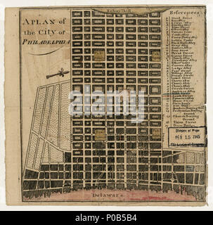 . Anglais : l'échelle pas donnée. Orientés vers le nord (vers le coin supérieur droit. Indexé. S'affiche dans l'almanack de Philadelphie pour l'année 1778. 1777. Cartes de LC En Amérique du Nord, 1750-1789, 1316 accessible également sur le site Web de la Bibliothèque du Congrès comme une image raster. Vault AACR2 . Un plan de la ville de Philadelphie.. 1777. Norman, John 170 Un plan de la ville de Philadelphie. 74692113 LOC Banque D'Images