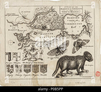 . Anglais : un plan de l'administration portuaire de Halifax Chebucto et ville de feuille simple. Engr. Échelle : [ca.1:90 000]. Note : Ungraduated cartographique. Au nord à 90 degrés. Certains sondages. Échelle en milles. D'autres endroits : 1970. Table des matières Remarque : Les illustrations d'un porc-épic et les insectes. L'Étoile de la Nouvelle-Écosse. Les armoiries de la famille. G246:4/44 & Halifax Chebucto . vers 1780. 171 anonyme un plan de l'administration portuaire de Halifax Chebucto et ville de RMG F0069 Banque D'Images