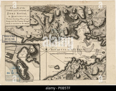 . Anglais : montre également Bay et Cul de Sac Royal. Illustré par hachures de secours. Profondeurs indiquées par sondages. Légèrement différent du plan de Fort Royal en London Magazine, avril 1762, c. 31. Cartes de LC En Amérique du Nord, 1750-1789, 2052, accessible également sur le site Web de la Bibliothèque du Congrès comme une image raster. En médaillon : Port du Carenage. . Un plan de la ville et de la citadelle de Fort Royal en Martinico : le dernier endroit d'atterrissage de notre armée et le pays par lequel il a marché à l'attaque. 1762. Inconnu 171 Un plan de la ville et de la citadelle de Fort Royal en Martinico - le dernier endroit d'atterrissage de notre armée et la Banque D'Images