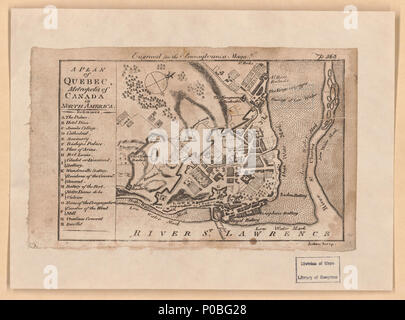 . Anglais : relief illustré par des hachures. Montre de fortifications. Orientés vers le nord à la droite. Dans le coin supérieur droit : p. 563. Apparaît dans le New York Magazine, décembre 1775, volume 1, page 563. Comprend un index. LC copier monté sur papier chiffon. Wheat & Brun, 1969 LC 90 cartes et graphiques de l'Amérique du Nord et les Antilles, 1750-1789, 601 accessible également sur le site Web de la Bibliothèque du Congrès comme une image raster. . Un plan de Québec, métropole du Canada en Amérique du Nord. 1775. Aitken, Robert 170 Un plan de Québec, métropole du Canada en Amérique du Nord LOC 2017593659 Banque D'Images