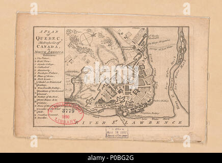 . Anglais : relief illustré par des hachures. Montre de fortifications. Orientés vers le nord à la droite. Apparaît dans le London Magazine, avril 1759, volume 28. Comprend un index des points d'intérêt. LC copier monté sur un chiffon. Plans et cartes de LC En Amérique du Nord et les Antilles, 1750-1789, 600 accessible également sur le site Web de la Bibliothèque du Congrès comme une image raster. . Un plan de Québec, métropole du Canada en Amérique du Nord.. 1759. 170 inconnu un plan de Québec, métropole du Canada en Amérique du Nord. LOC 2017593660 Banque D'Images