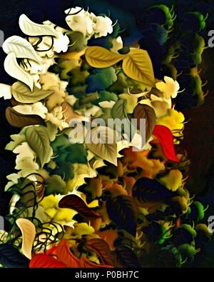 L'infographie d'abstract floral fond psychédélique aux couleurs de traits et chaotique floue taches de peinture avec des pinceaux de différentes tailles sous forme de feuilles Banque D'Images