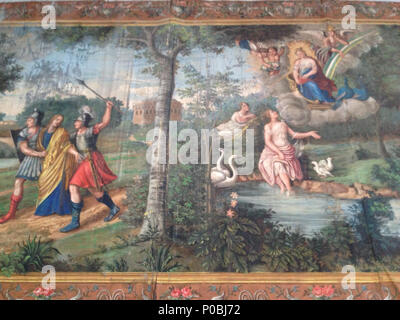 . Mythologische voorstelling remplies de gevangenneming liens van een vrouw twee soldaten en 156 porte en Juno Mercurius de wolken en zwevend boven een vrouw badende. Wanddecoratie afkomstig van een pand dans Grondkamer de Steegstraat (Van Limburg). . Mythologische voorstelling . Circa 1700-1900 72 Mythologische Historiehuis 0655 voorstelling Banque D'Images