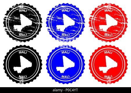Mali - timbres en caoutchouc - vecteur, République du Mali carte - sticker - noir, bleu et rouge Illustration de Vecteur